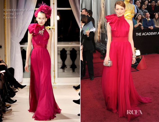 Feb. 26, 2012 - Hollywood, California, U.S. - EMMA STONE wears a red  Giambattista Valli gown and Louis Vuitton jewels as she arrives on the  Oscar red carpet at the 84th Academy