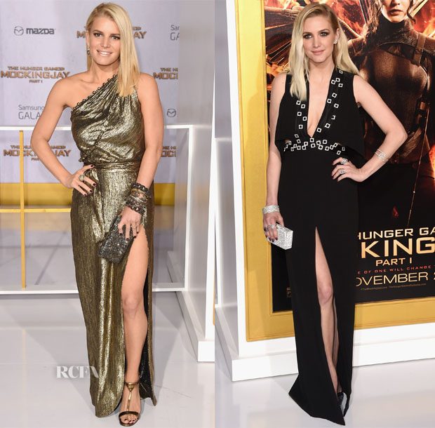 Jessica Simpson In Vintage & Ashlee Simpson In Cengiz Abazoglu - 'The Hunger Games Mockingjay - Part 1' LA Premiere