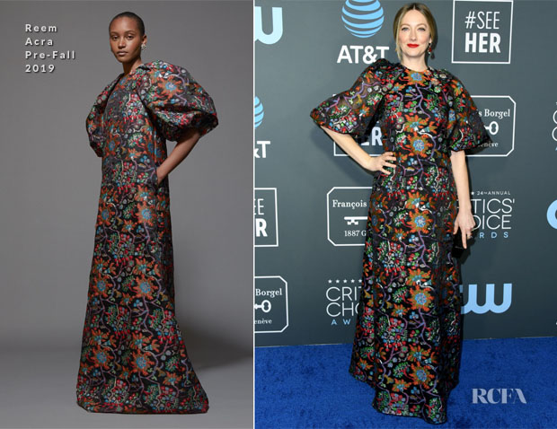 Fashion Blogger Catherine Kallon features Judy Greer In Reem Acra - 2019 Critics’ Choice Awards