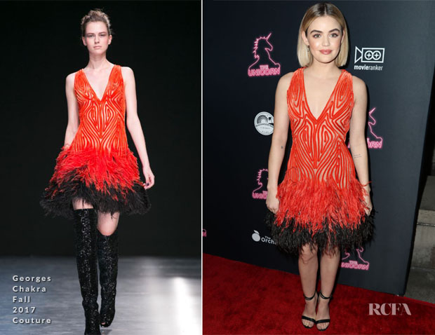 Fashion Blogger Catherine Kallon features Lucy Hale In Georges Chakra Couture - 'The Unicorn' LA Premiere