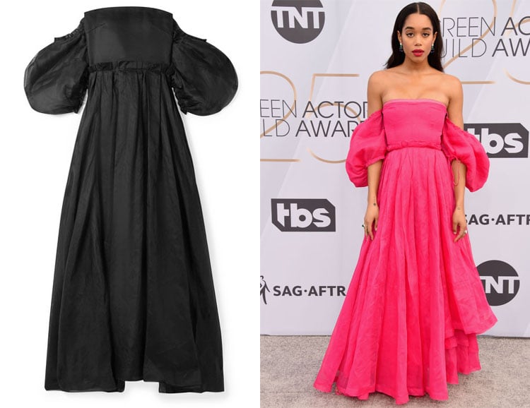 Laura Harrier's Loewe Off-The-Shoulder Gown