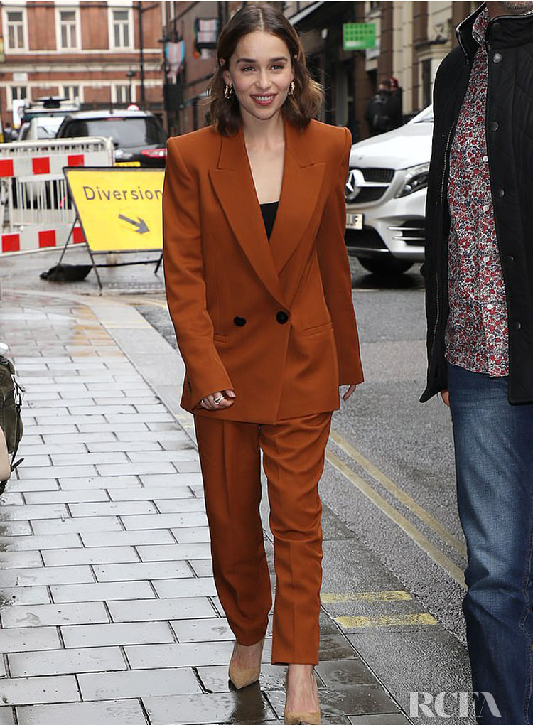 Emilia Clarke’s Autumnal Amber Petar Petrov Suit Promoting ‘Last Christmas’