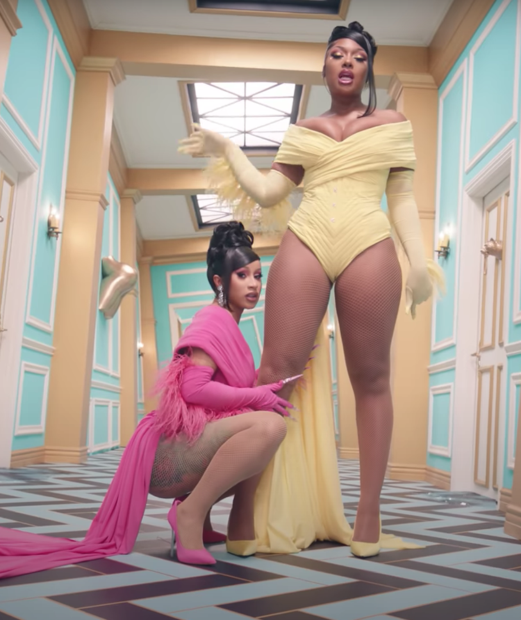 Cardi B & Megan Thee Stallion pink and yellow Nicolas Jebran bodysuits for WAP