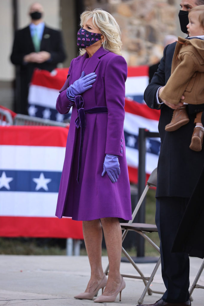 Jill Biden, Jill Biden Purple Coat, Jill Biden First Lady, First Lady Fashion, Jill Biden Jonathan Cohen, Jonathan Cohen Fall 2021, 