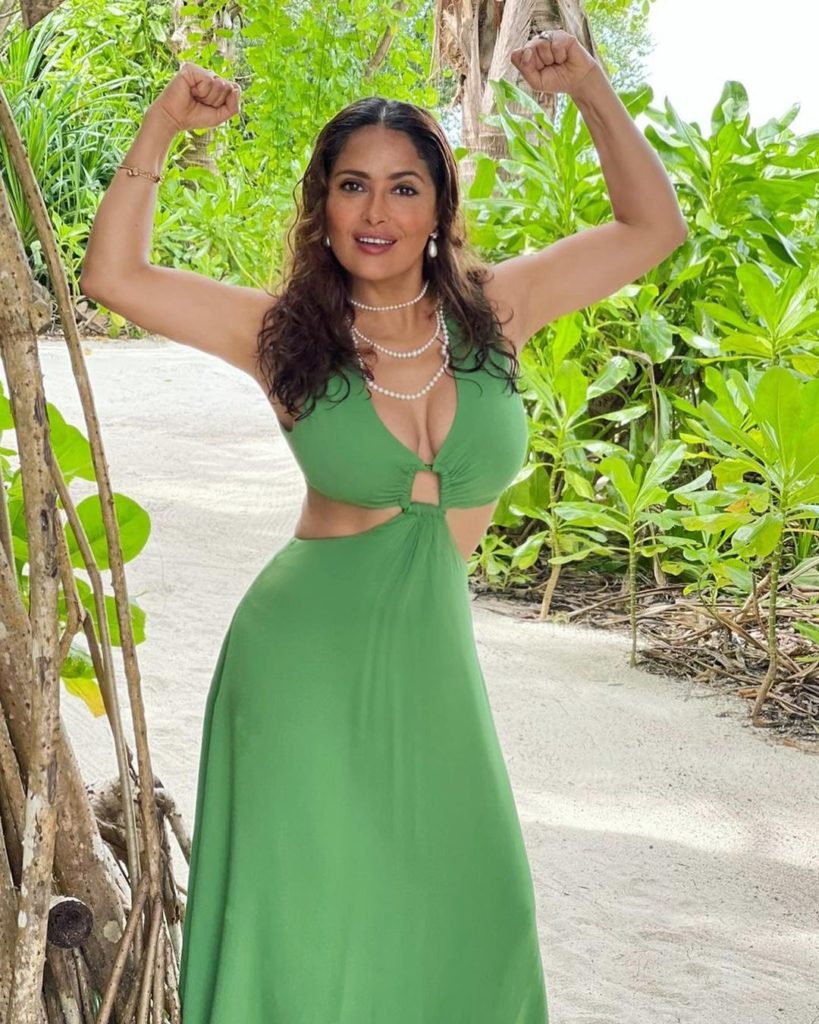 Salma Hayek, Salma Hayek Green Dress, Salma Hayek Bliss, Salma Hayek Cult Gaia, Salma Hayek Cult Gaia Cybele dress, Cult Gaia, Cult Gaia Cybele dress,