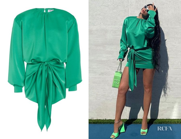 Kylie Jenner’s The Attico Green Draped Dress & Devon Sandals