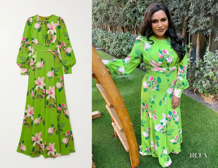 Mindy Kaling’s Andrew Gn Green Floral-Print Silk-Crepe Gown