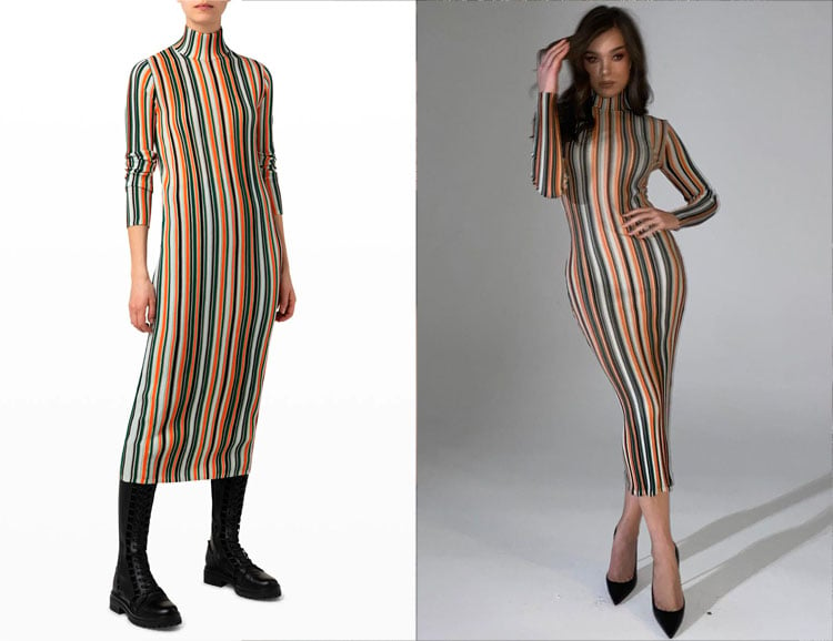 Hailee Steinfeld’s Akris Midi Knit Tube Dress with Structured Stripes