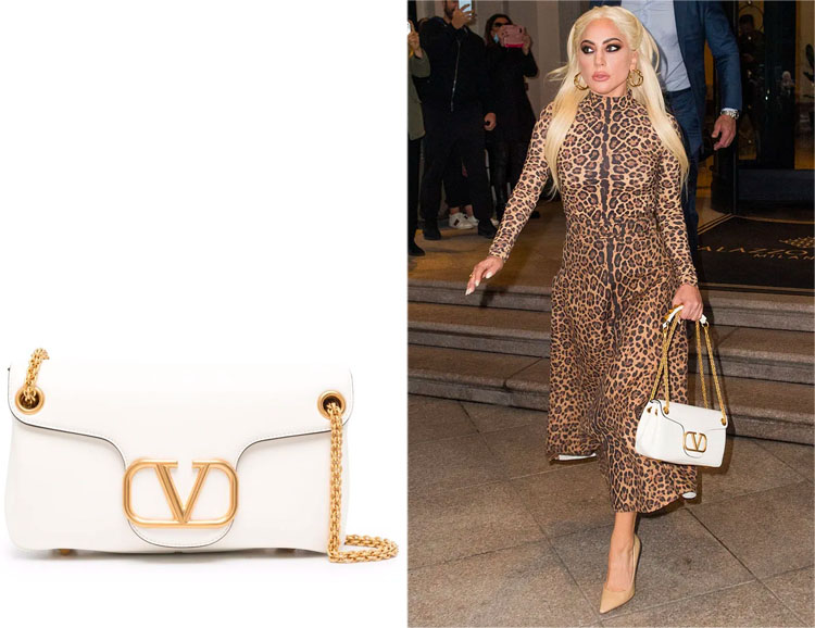 Lady Gaga’s Valentino Stud Sign Shoulder Leather White Bag