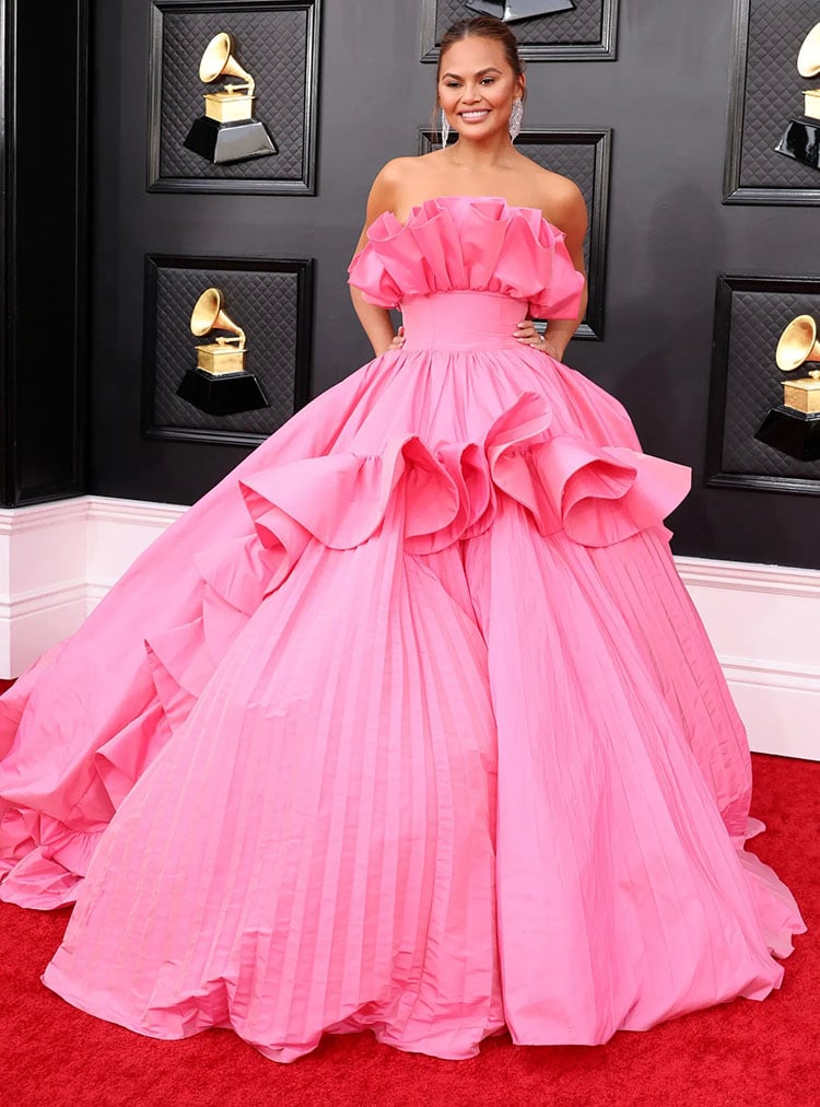 Chrissy Teigen in Nicole + Felicia Couture Spring 2022 Couture 2022 Grammys