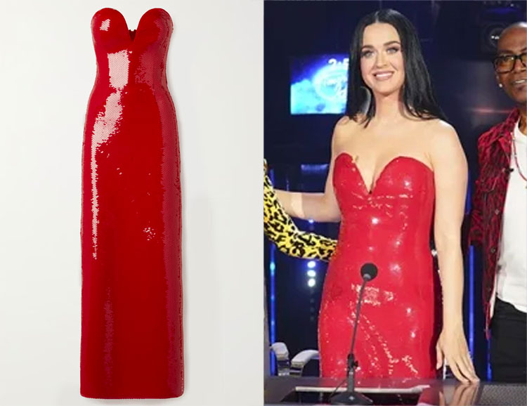 Katy Perry's Bottega Veneta Red Sequin Strapless Dress