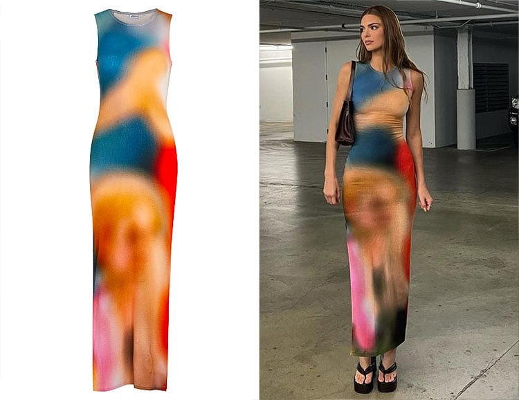Kendall Jenner’s Loewe Printed Dress & Dries Van Noten Sandals
