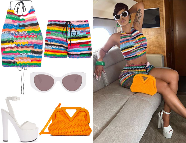 Cardi B's Miu Miu Top, Shorts, Sunglasses, Loewe Bag & Giuseppe Zanotti  Platforms