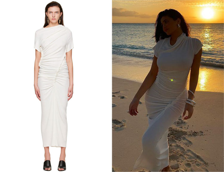 Kylie Jenner’s Atlein White Viscose Ruched Midi Dress