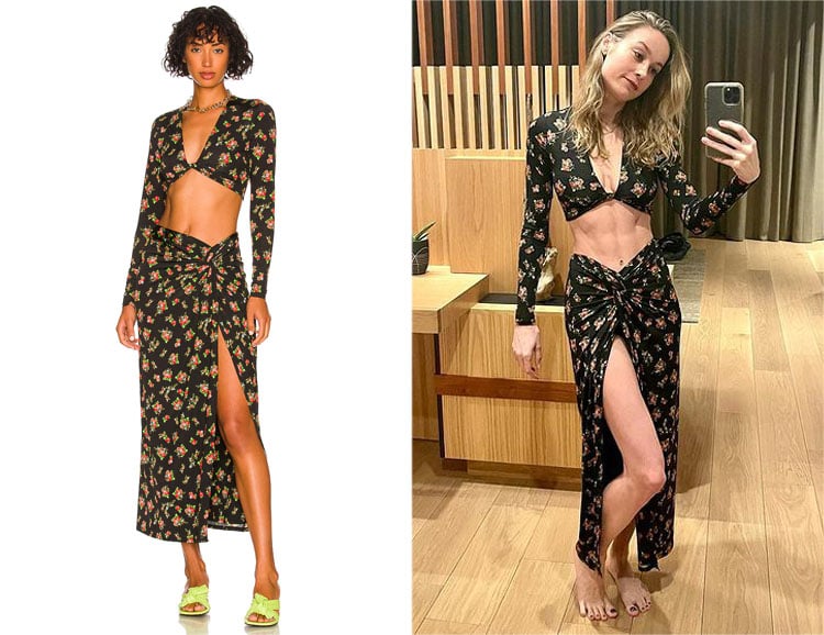 Brie Larson’s AFRM Floral Crop Nico Top & Emilia Wrap Skirt