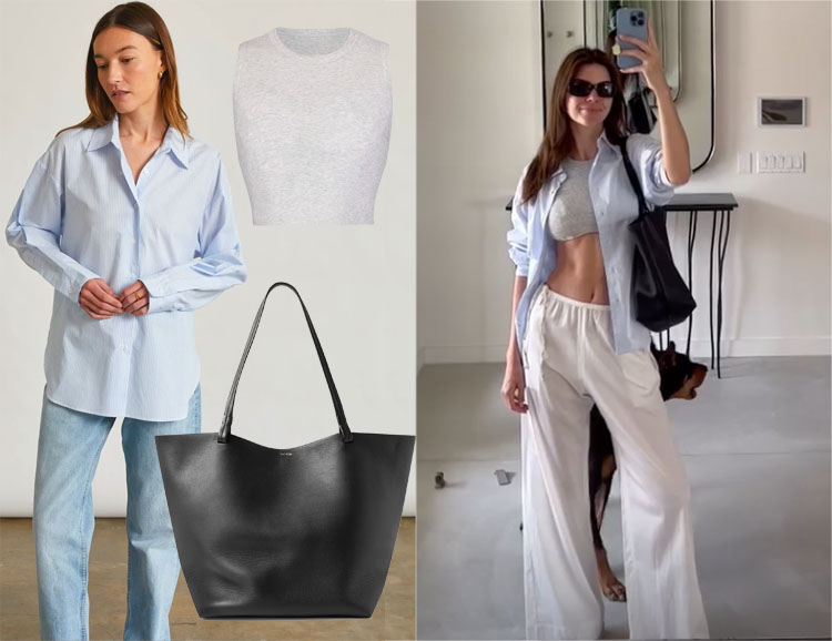 Kendall Jenner’s Skims Crop, Almina Shirt & The Row Tote