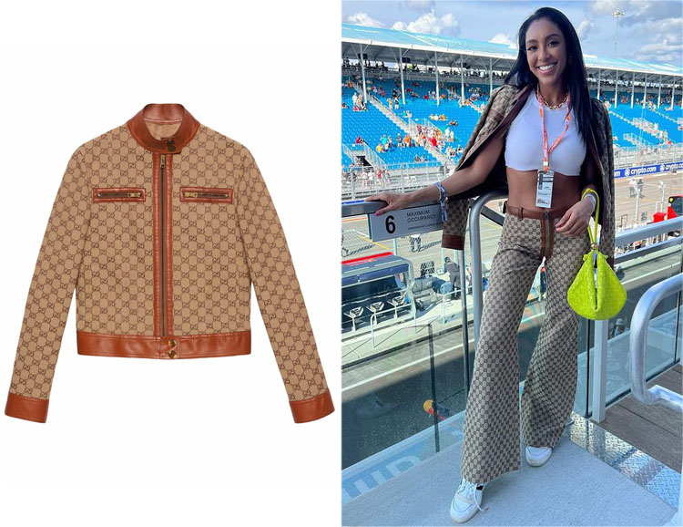 Tayshia Adams’ Gucci GG-Canvas Leather-Trimmed Jacket