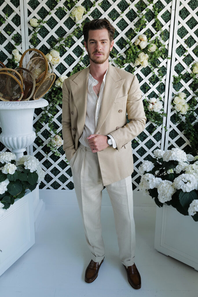 Andrew Garfield, wearing Ralph Lauren, attends the Ralph Lauren Suite during The Championships, Wimbledon 2022 