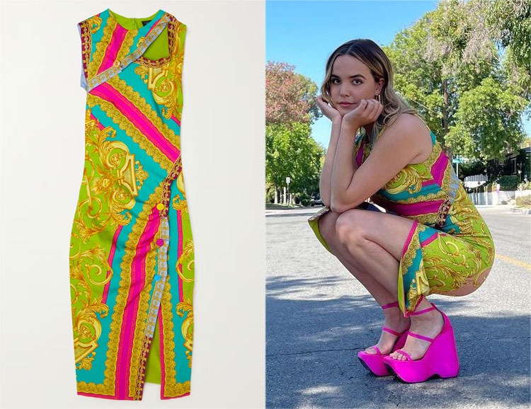 Bailee Madison’s Versace Printed Midi Dress & Versace Triplatform Sandals