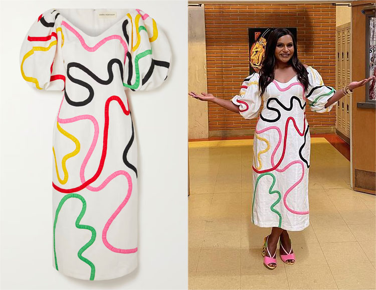 Mindy Kaling’s Mara Hoffman Namari Off-The-Shoulder Appliquéd Midi Dress