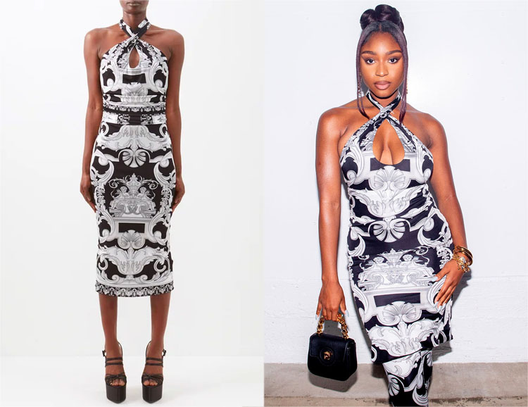 Normani’s Versace Baroque-Print Jersey Halterneck Dress