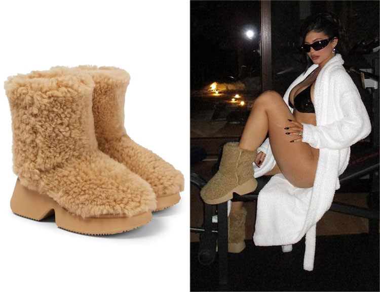 Kylie Jenner’s Loewe Shearling Camel Fluffy Ankle Boots