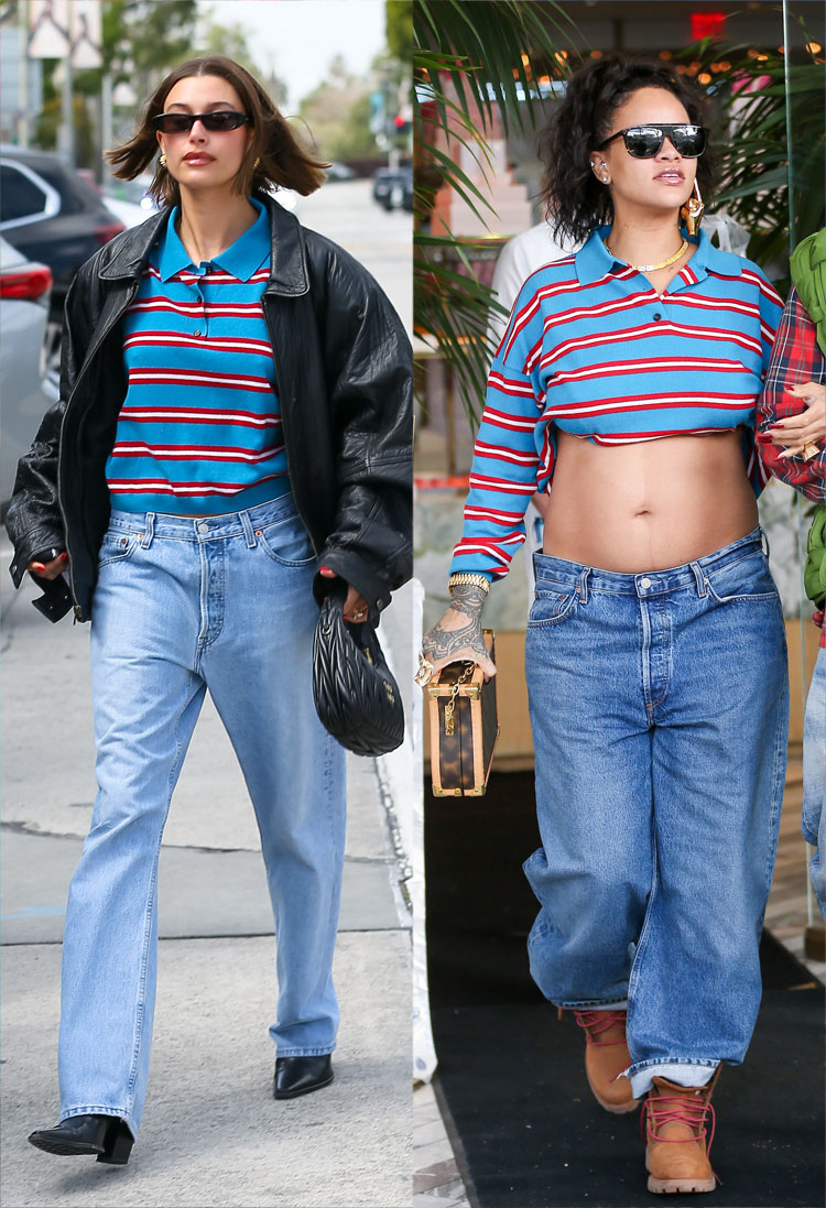 Rihanna And Hailey Bieber Were Twinning In Loewe’s Striped Polo Top