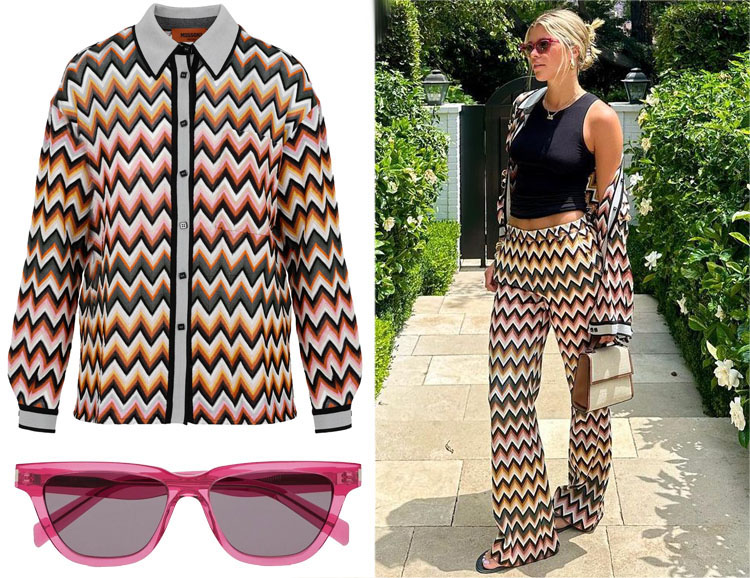 Sofia Richie’s Missoni Chevron Button-Down Polo Shirt & Saint Laurent SL 462 Butterfly-Frame Sunglasses