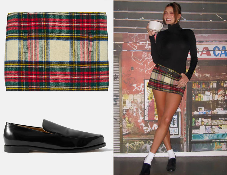 Hailey Bieber’s Miu Miu Checked Skirt & Khaite Alessio Loafers