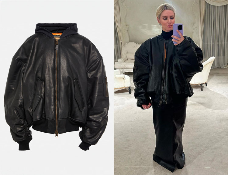 Nicky Hilton’s Balenciaga Oversized Leather Bomber Jacket