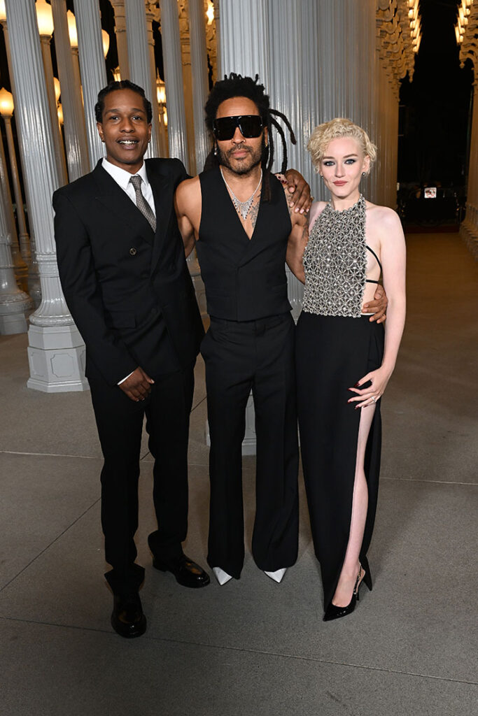 A$AP Rocky, wearing Gucci, Lenny Kravitz, wearing Gucci, and Julia Garner, wearing Gucci, attend the 2023 LACMA Art+Film Gala