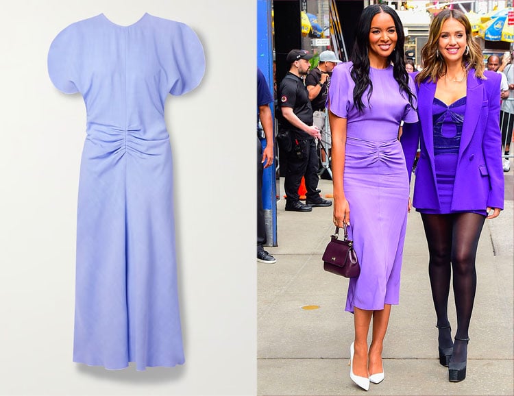 Lizzy Mathis’ Victoria Beckham Gathered Woven Midi Dress