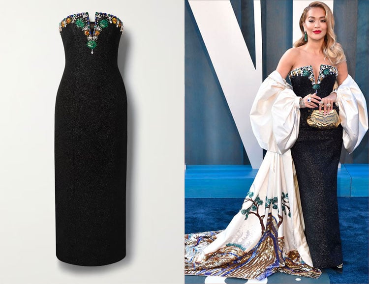 Rita Ora’s Miss Sohee The Vanguard Crystal-Embellished Metallic Tweed Gown