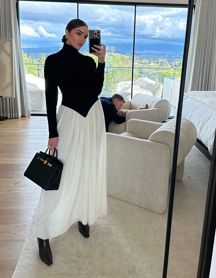 Olivia Culpo’s Chloe Turtleneck Basque-Waist Maxi Dress