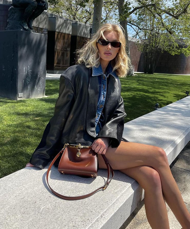 Elsa Hosk’s Etro Suede-Trim Leather Jacket & Etro Vela Shoulder Bag