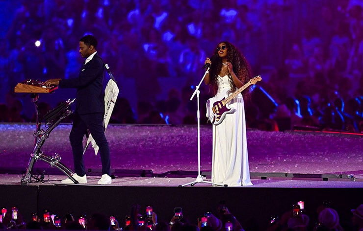 H.E.R performs during the closing ceremony of the Paris 2024 Olympic Games