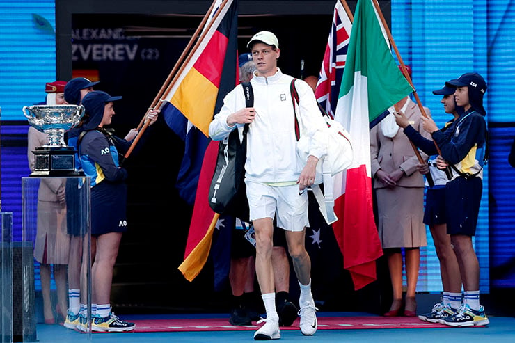 taly's Jannik Sinner arrives to face Germany's Alexander Zverev during their men's singles final match on day fifteen of the Australian Open tennis tournament