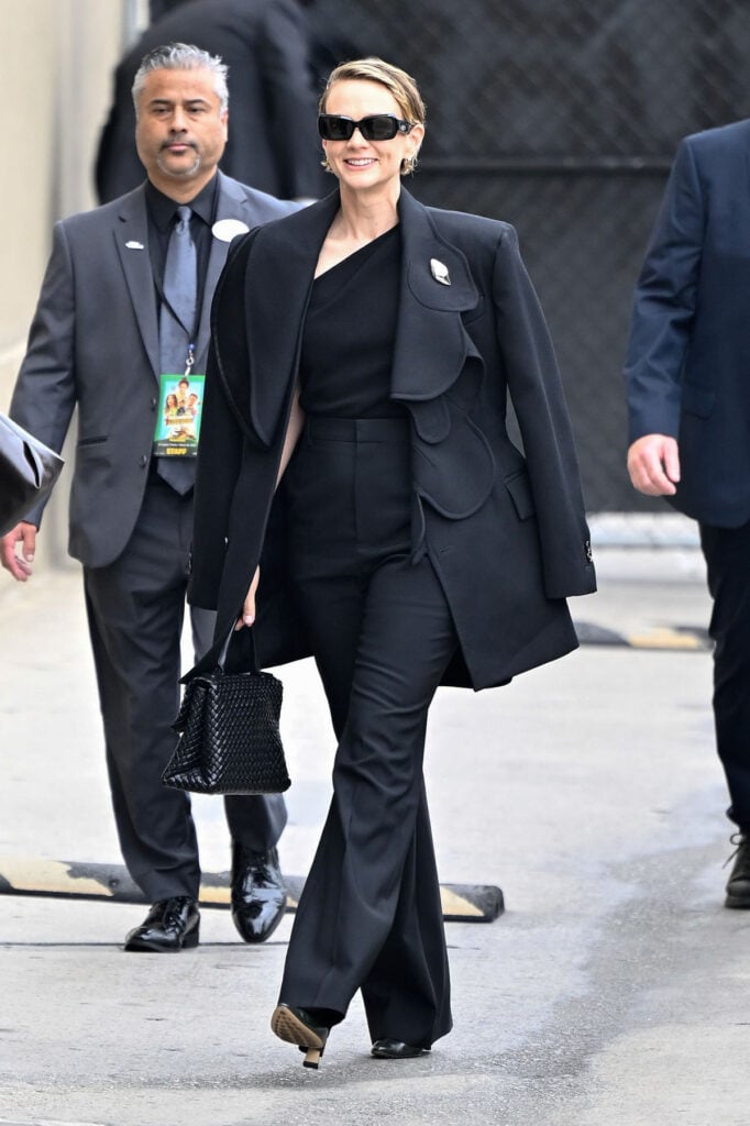 Carey Mulligan Bottega Veneta Spring 2025 black suit Jimmy Kimmel Live! The Ballad of Wallis Island