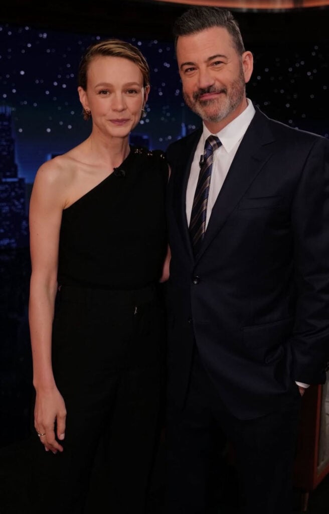 Carey Mulligan Bottega Veneta Spring 2025 black suit Jimmy Kimmel Live! The Ballad of Wallis Island