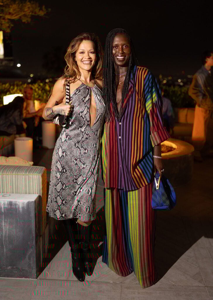 Rita Ora snake print Tom Ford for Gucci Spring 2000 keyhole dress and Jodie Turner-Smith Christopher John Rogers rainbow strip at We Matter x Limitless Dinner