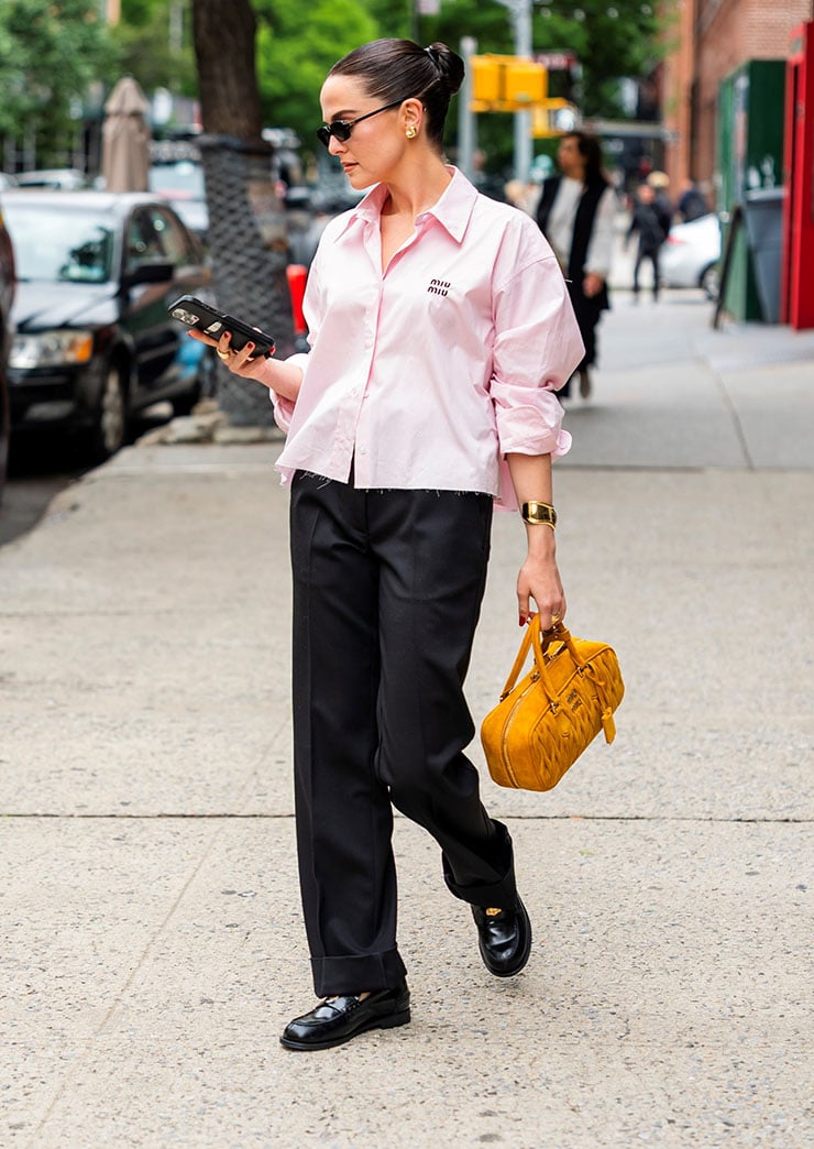 Zoey Deutch’s Miu Miu Arcadie Matelassé Bag & Shirt