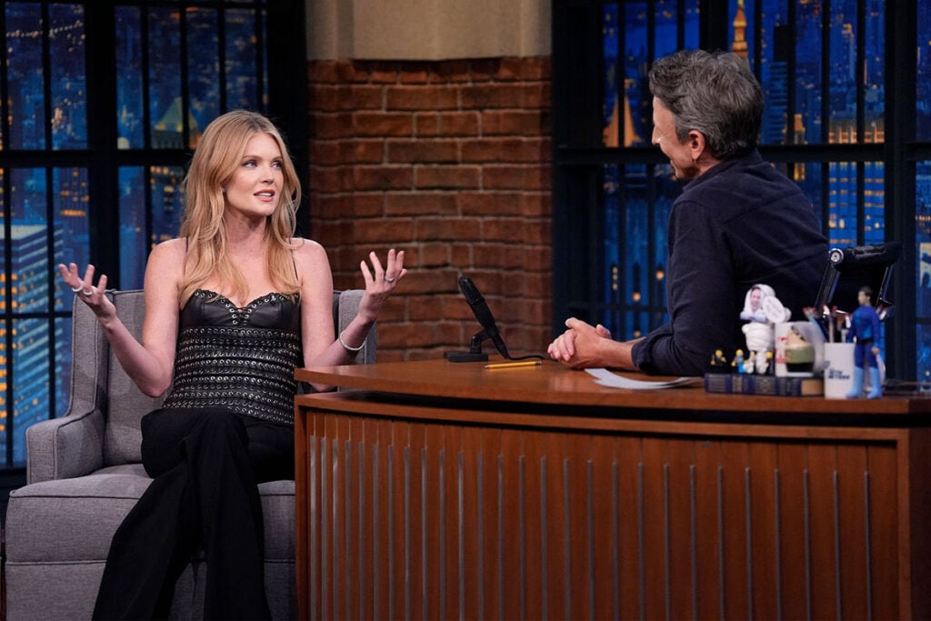 Meghann Fahy Wore Ludovic de Saint Sernin On Late Night with Seth Meyers black lace up corset