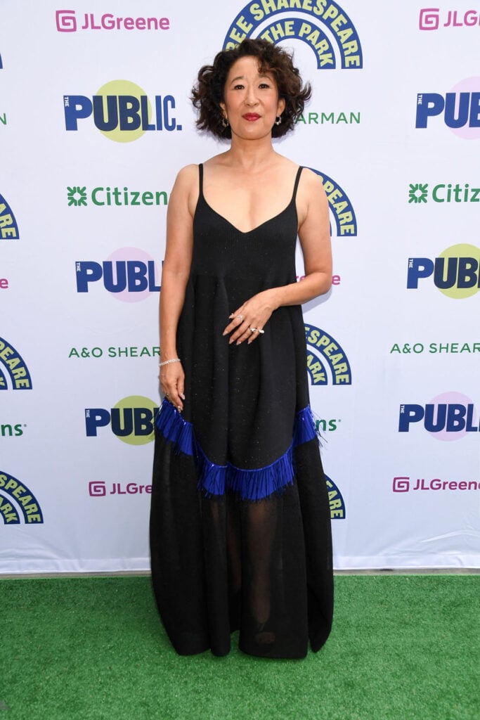 Sandra Oh at Free Shakespeare in the Park's "Twelfth Night"  Lupita Nyong’o Chanel, Moses Sumney Thom Browne, Sandra Oh CFCL, Shakespeare in the Park red carpet, Twelfth Night premiere, celebrity style