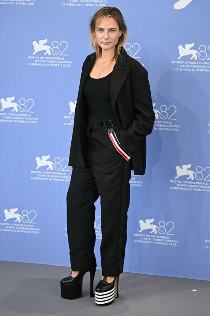 Rebecca Ferguson attends the "A House Of Dynamite" photocall Venice Film Festival, Rebecca Ferguson Venice Film Festival, Rebecca Ferguson red carpet, Thom Browne suit, Matičevski gown, A House of Dynamite, Rebecca Ferguson A House of Dynamite, Rebecca Ferguson black dress, Rebecca Ferguson Thom Browne, Venice Film Festival 2025,