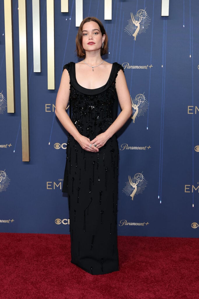 Sarah Catherine Hook Emmys 2025, Sarah Catherine Hook Miu Miu Emmys, Miu Miu beaded Emmys dress