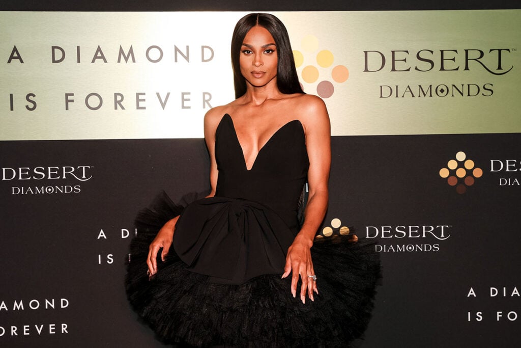 Ciara Wore Carolina Herrera To The Desert Diamonds ‘A Diamond is Forever’ Celebration, Ciara, Carolina Herrera Fall 2022, Desert Diamonds, A Diamond Is Forever, ARTECHOUSE New York, tulle peplum dress, Premier Gem ring