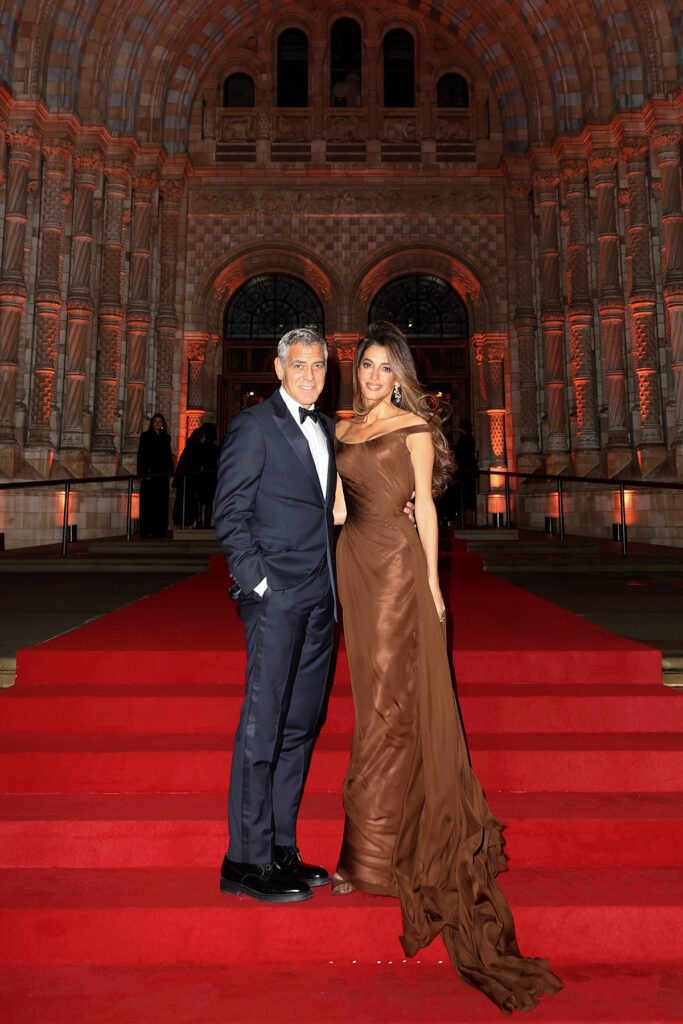 Amal Clooney Wore Atelier Versace To The Clooney Foundation For Justice’s The Albies, Amal Clooney Atelier Versace, The Albies 2025, Clooney Foundation for Justice, Amal Clooney brown gown, George Clooney Armani tuxedo,