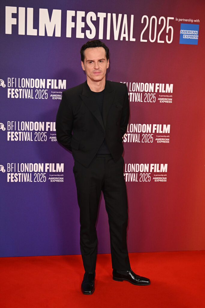 Andrew Scott attends the "Blue Moon" Headline Gala during the 69th BFI London Film Festival, Andrew Scott, Alexander McQueen, Blue Moon London Film Festival, all-black suit, tailored menswear, double-breasted jacket, BFI London Film Festival 2025 menswear
