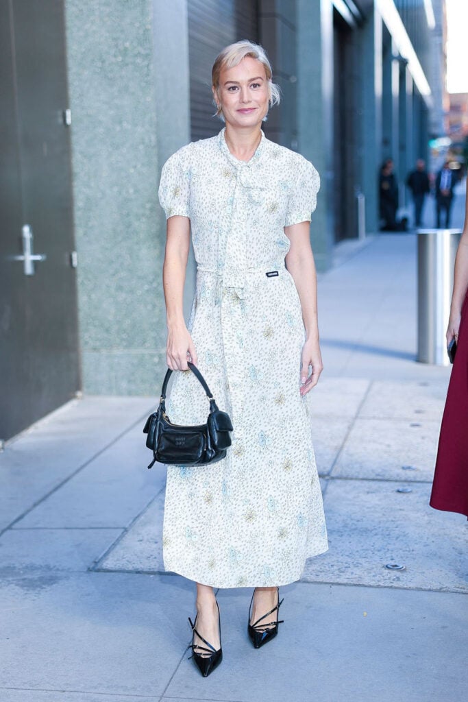 Brie Larson, Miu Miu, floral print dress, Party People press tour, The Today Show, vintage-inspired style, 1960s fashion