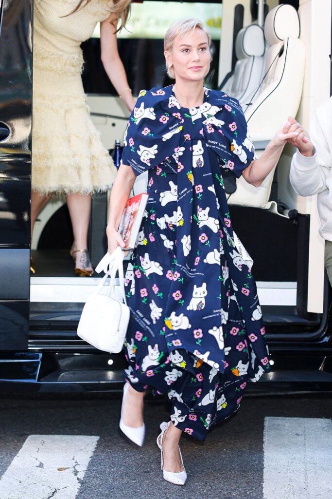 Brie Larson, Sandy Liang Spring 2026, cat print dress, floral motifs, Party People press tour, Aquazzura Bow Tie pumps